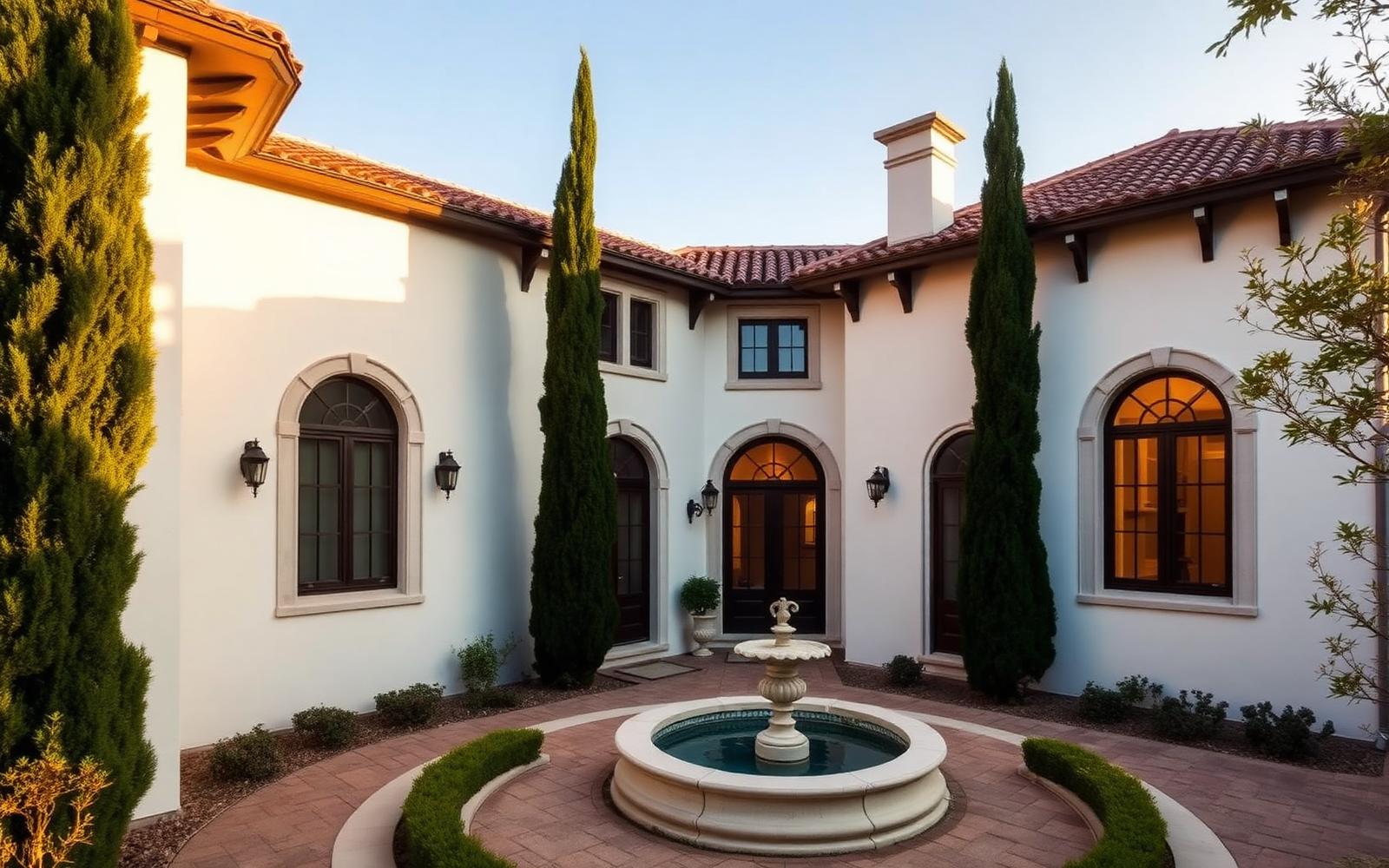 Mediterranean villa courtyard with fountain and cypress trees